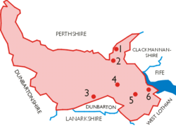 Map of Stirlingshire in 1975, showing the position of burghs in the county.