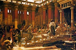 Solomon, the son of David, king of Judah, had his temple built; which is still the subject of intercultural heritage fights today, under the name of Al-Aqsa,[120] and placed different idols there for his multinational wives according to the Bible.[121] Here he meets the legendary figure, Bilqis, by Edward Poynter, 1890.