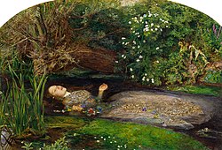 John Everett Millais's Ophelia (1852) depicts Lady Ophelia's mysterious death by drowning. In the play, the gravediggers discuss whether Ophelia's death was a suicide and whether she merits a Christian burial.