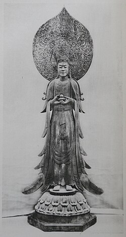 Guze Kannon is a buddhist statue made in the image of King Seong[note 1] in the Korean style.[37] The statue, originally come from Paekche,[38] is kept in the Dream Hall at the Japanese temple Hōryū-ji.