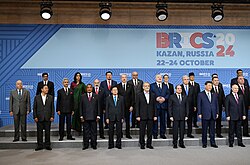 Putin and Chinese president Xi Jinping at the 16th BRICS summit in Kazan, Russia. Most of the Global South countries took a neutral position towards the war and maintained good relations with Russia.[535]