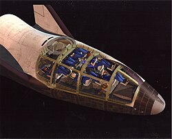 Graphical rendering of the X-38, with vehicle cutaway revealing 7-member crew's position during re-entry.