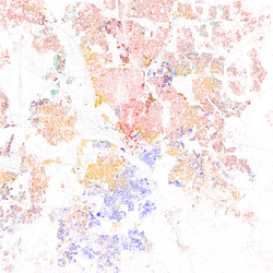 Map of racial distribution in Dallas, 2010 U.S. census. Each dot is 25 people: ⬤ White ⬤ Black ⬤ Asian ⬤ Hispanic ⬤ Other