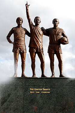 The United Trinity statue of George Best (left), Denis Law (centre) and Bobby Charlton (right) outside Old Trafford