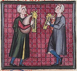 A detail from the Cantigas de Santa Maria showing bagpipes with one chanter and a parallel drone (Spain, 13th century).