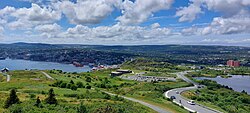 Lower slopes of Signal Hill National Historic Park, St. John's harbour and downtown