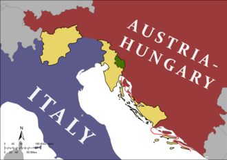 Territories promised to Italy by the Entente in the South Tyrol, the Austrian Littoral, and Dalmatia (tan), and the Snežnik Plateau area (green). Dalmatia, after WWI, however, was not assigned to Italy but to Yugoslavia