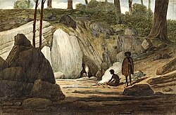 "Mosman's Cave" by Augustus Earle, 1826, depicting the entrance to what is now known as Cathedral Cave.[4]