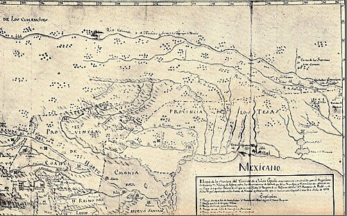 Nicolas de La Fora's 1771 map of the northern frontier of New Spain clearly shows the Provincia de los Tejas.[53]
