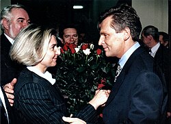 Kwaśniewski receiving praises by supporters after his presidential victory in 1995