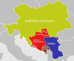 Approximate extent of territorial promises (red) to Serbia at the expense of Austria-Hungary made around the time of conclusion of the Treaty of London.