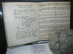 Photo of an early handwritten draft of the 'Laws of the game' for association Football drafted for and behalf of the Football Association by Ebenezer Cobb Morley in 1863 on display at the National Football Museum, Manchester