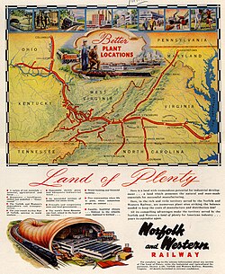 Norfolk and Western magazine ad with system map, 1948: Ferrum lies between Roanoke and Martinsville.