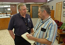 Enid News & Eagle reporter Robert Barron interviews FEMA PIO Charles Henderson following Kingfisher flooding in 2007.