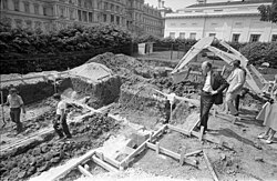 President Gerald Ford surveying the construction site of the new White House Swimming Pool, c. 1975