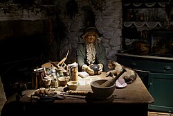 Diorama of a cunning woman or wise woman in the Museum of Witchcraft and Magic