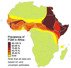 Map: Estimated prevalence of Female Genital Cutting (FGC) in Africa. Data based on uncertain estimates.