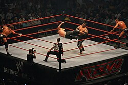 A tag team match in progress: Jeff Hardy kicks Umaga, while their respective partners, Triple H and Randy Orton, encourage them and reach for the tags,
