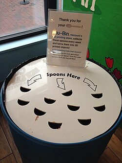 A container for recycling used plastic spoons into material for 3D printing