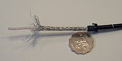 The outer conductor of this miniature coaxial cable (RG 58 type) is made of braided wire. Heavier braided cables are used for electrical connections that need a degree of flexibility, for example, connections to bus bars.