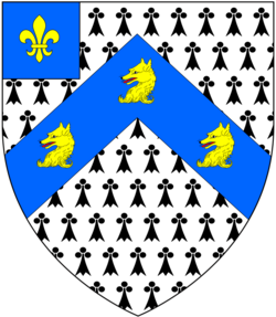 Canting arms of Fox, Baron Holland: Ermine, on a chevron azure three fox's heads and necks erased or on a canton of the second a fleur-de-lys of the third