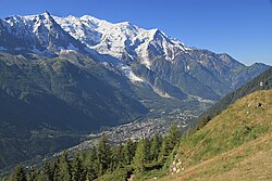 Chamonix valley with the Mont Blanc at background, the highest mountain in the Alps and Western Europe on the border with Italy