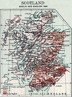 1891 distribution of English (including Scots) and Gaelic in Scotland 75–80% Gaelic, and English ━ 25–75% Gaelic, and English; line indicates the 50% isogloss 5–25% Gaelic, and English 0–5% Gaelic, and English Purely English