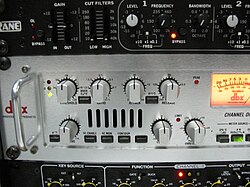 Electronic audio compression devices, such as this DBX 566, are used by audio engineers to prevent signal peaks from causing unwanted distortion.