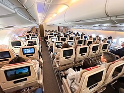 Economy class cabin on an Airbus A380-800 upper deck