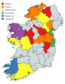 A map showing the results of each county in the 2026 All-Ireland Senior Football Championship.