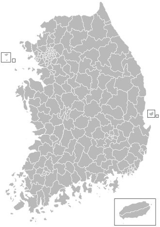 A map of all South Korean metropolitan cities' districts (gu), municipal cities (si), and counties (gun)