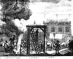 The posthumous execution of Cromwell, Bradshaw, and Ireton, depicted in a contemporary print