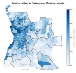 English: Map of Angola – percentage of native speakers in each municipality.