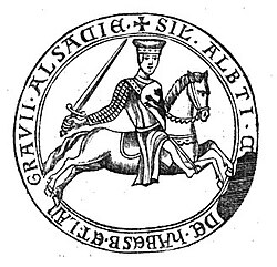 Seal of Albert IV, Count of Habsburg (d.1239), inscribed in Latin (with abbreviations): SIGILLUM ALBERTI (COMIS) DE HABESB(URG) ET LANGRAVII ALSACTIAE ("seal of Albert of Habsburg, Count of Habsburg and Landgrave of Alsace")