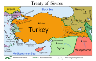 Borders (spheres of influence not shown) of the Ottoman Empire according to the unratified Treaty of Sèvres (1920) which was annulled and replaced by the Treaty of Lausanne in 1923