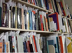 Books on shelves in the Libraries' Discovery Services Division, prior to assignment of subject and descriptive metadata