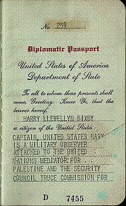 1949 United Nations mediator issued US diplomatic passport. Holder was a navy captain, military observer attached to the security council truce commission for Palestine.