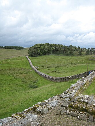 Hadrian's Wall viewed looking east from Housesteads Roman Fort (Vercovicium). The wall in the background has been consolidated.