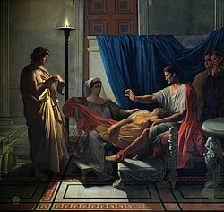 An oil painting depicting the poet Virgil reading his work to Augustus and his family, with Augustus's sister Octavia having fainted in shock