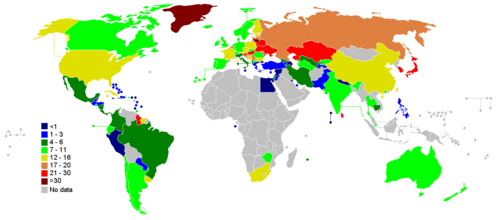 Global suicide rates per 100,000 people, 1978–2009.[20]