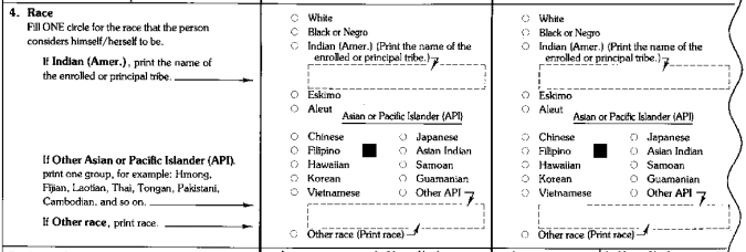 U.S. Census Bureau survey section on race from 1990. Participants were only allowed to indicate one race from a limited set of options.