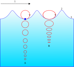 Motion of a particle in an ocean wave. A = At deep water. The circular motion magnitude of fluid particles decreases exponentially with increasing depth below the surface. B = At shallow water (ocean floor is now at B). The elliptical movement of a fluid particle flattens with decreasing depth. 1 = Propagation direction. 2 = Wave crest. 3 = Wave trough.