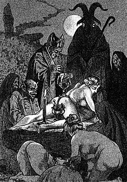 Illustration by Martin van Maële of a Witches' Sabbath and Black Mass overseen by a horned Devil, in the 1911 edition of La Sorcière, by Jules Michelet