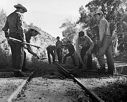 Work crews during the demolition of the Rio Grande Southern Railroad in 1952.