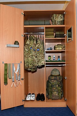 Soldier's kit locker containing general-issue uniform (Army Air Corps).