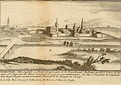 Timișoara in 1656, a map by Nicolas Sanson. Note the mosques with minarets and crescent moons on towers characteristic of cities during the Ottoman era.