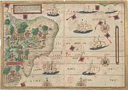 Portuguese map by Lopo Homem (c. 1519), showing the coast of Brazil and natives extracting brazilwood, as well as Portuguese ships