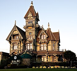 The Carson Mansion, located in Eureka, California, is widely considered to be one of the most extreme examples of American Queen Anne style.