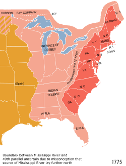 A map of eastern North America in 1775 and present-day U.S. state boundaries Other British colonies