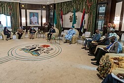 President Muhammadu Buhari meeting with United States Secretary of State Antony Blinken at Aso Rock in November 2021. Notice the Flag of the Commander-in-Chief of the Armed Forces is present and positioned to the right of the Flag of Nigeria.